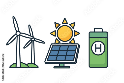 Renewable energy symbols featuring wind turbines, solar panels, and hydrogen batteries representing sustainable green technology, eco power, and clean energy solutions in vector cartoon style