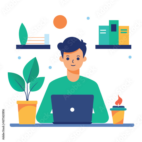 Remote Work Flat Vector Illustration Home Office with Laptop and Coffee