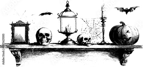 Halloween decor elements with skulls, lantern, candle, and pumpkin engraving for seasonal design