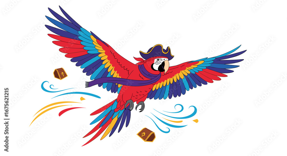 Fototapeta premium Colorful parrot pirate soaring with open wings, ready for adventure with treasure chests
