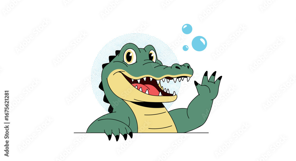 Naklejka premium Cheerful cartoon alligator waving hello with bubbles, perfect for children's designs