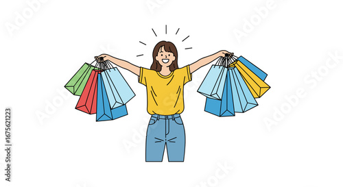 Joyful woman celebrating shopping spree success with colorful bags, retail therapy concept