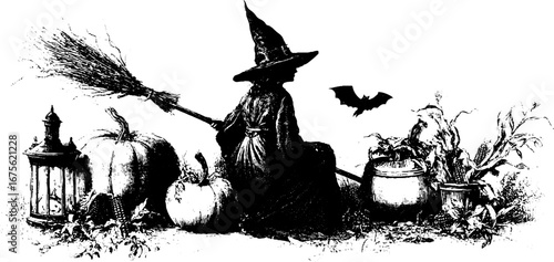 Halloween porch still life with witch silhouette and pumpkins for holiday decor and design
