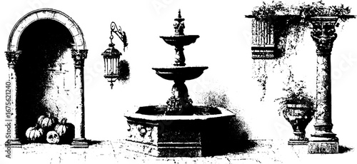 Halloween renaissance hall design with engraved fountain and gothic elements