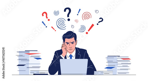 Stressed businessman overwhelmed with work, pondering solutions with laptop and paperwork