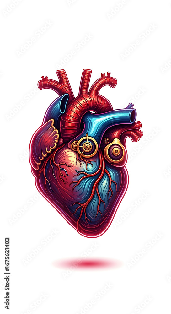Naklejka premium Animated Heart Illustration with Detailed Anatomy Against White Background