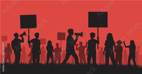 Silhouette of a crowd protesting with blank signs and megaphones, representing social activism and political demonstration