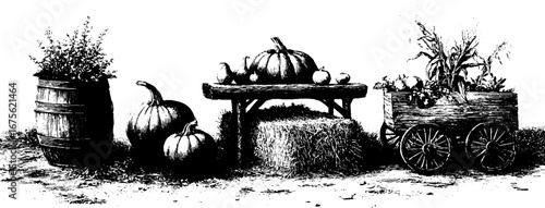 Harvest street market vintage engraving design elements for autumn decoration
