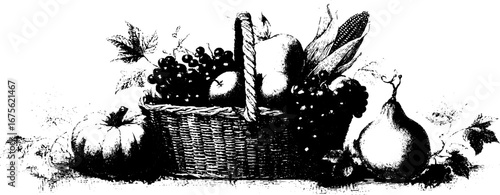 Harvest basket still life with fruits and vegetables - design for print and decor