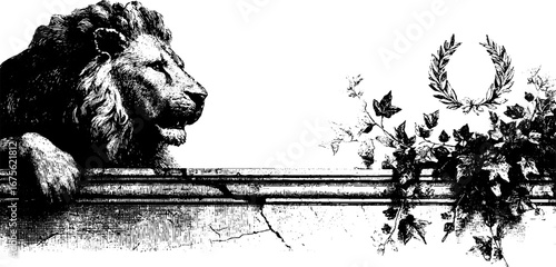 Vintage lion statue engraving with laurel and ivy details - art design elements collection