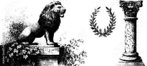Majestic lion statue and classical column engraving collection - vintage design elements for decor and art