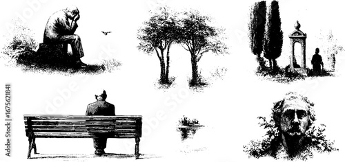 Emotion of loneliness in vintage engraving design elements collection