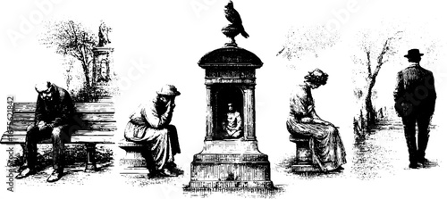 Loneliness theme vintage engraving collection - design elements for posters and cards
