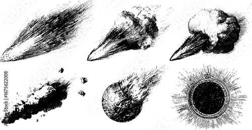 Vintage meteor strike sketch collection for design elements and posters
