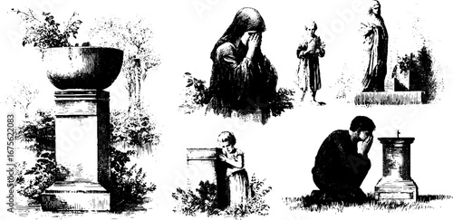 Mourning engraving elements collection for memorial design and commemoration