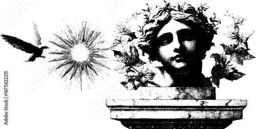 Mythical statue with floral elements and bird silhouette in vintage engraving design