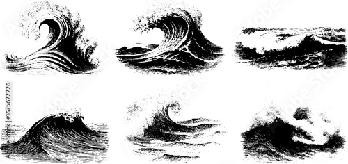 Ocean wave engravings collection for design and decoration