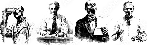 Vintage office zombies engraving for halloween themed design and decor