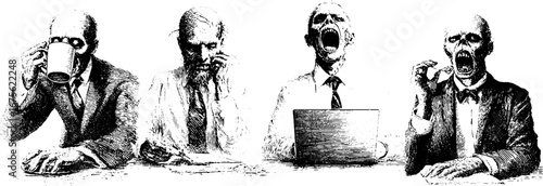 Vintage office zombies engraving design elements collection for retro art posters