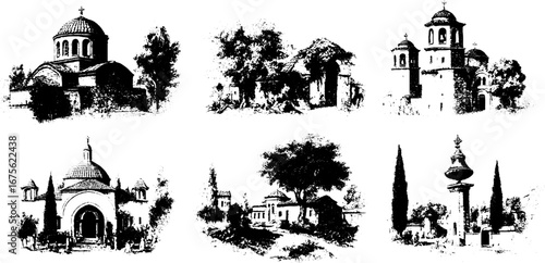 Orthodox village church engraving design for retro and vintage art collection