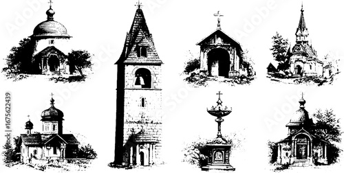 Orthodox village church designs - vintage engraving collection for cultural and religious art projects