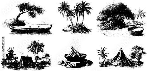 Pacific island life scenes engraving for design elements and decor