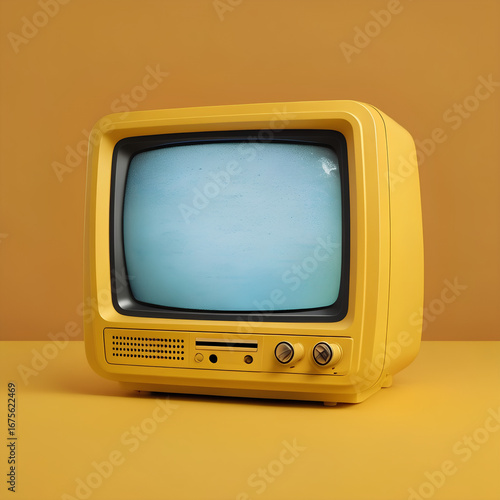 Televisão de tubo antiga amarelada com tela azul em fundo amarelo