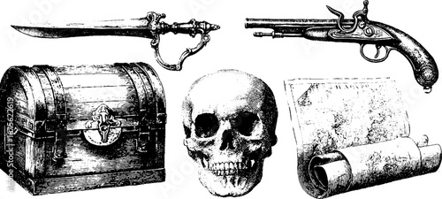 Pirate tools and treasures engraving collection for vintage design