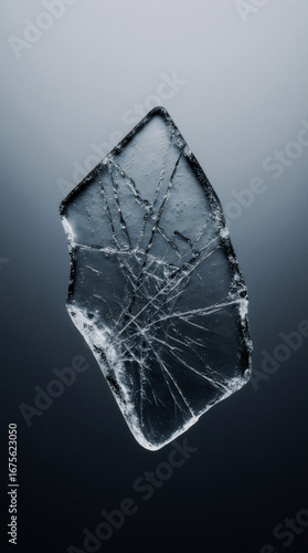 A solitary shard of clear glass with sharp cracks and edges contrasts against a matte dark background, with a modern minimalist feel
