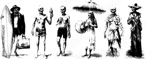 Vintage summer beach zombies collection for retro design projects