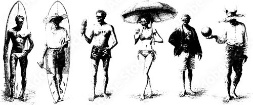 Vintage summer beach scene with zombies in engraving style for creative design
