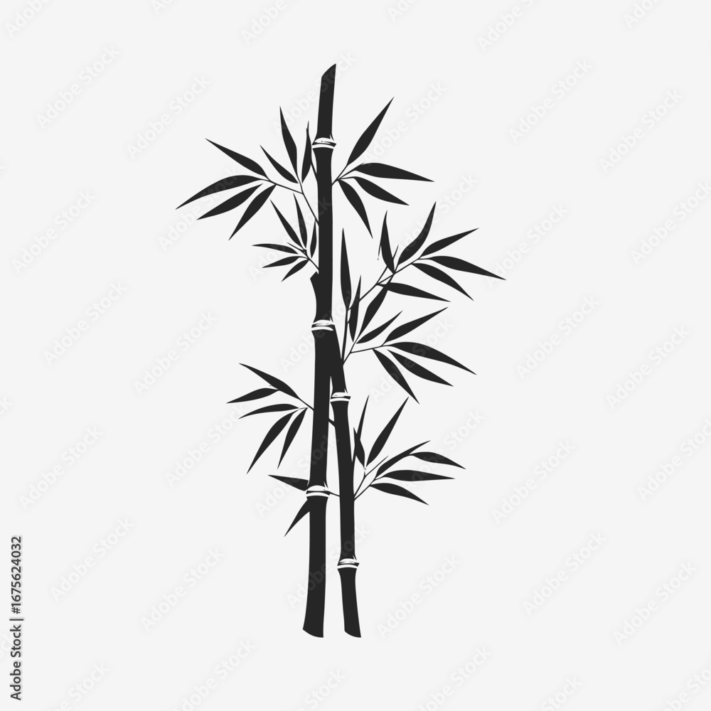 Naklejka premium Striking black bamboo stems with leaves against a bright background silhouette