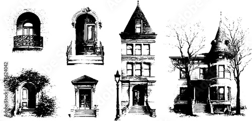 Victorian house engraving design elements collection for retro architecture projects