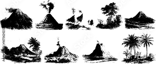 Volcano eruption engravings collection for nature design elements and retro art