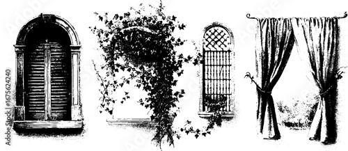 Vintage window engravings collection with architectural designs and decorative elements