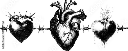 Y2k heart symbols and design elements collection - vintage engraving style for creative projects