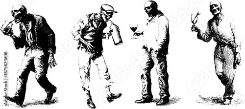 Vintage zombie drinkers sketch collection for halloween design elements
