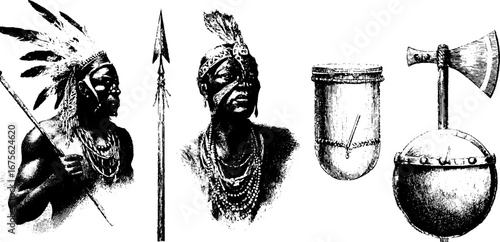 Zulu warrior design elements collection engraving - traditional weapons and attire