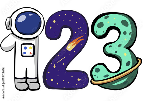Cute cartoon astronaut and cosmic numbers 1, 2, 3 with space-themed designs, including stars, comets, and a planetary ring.