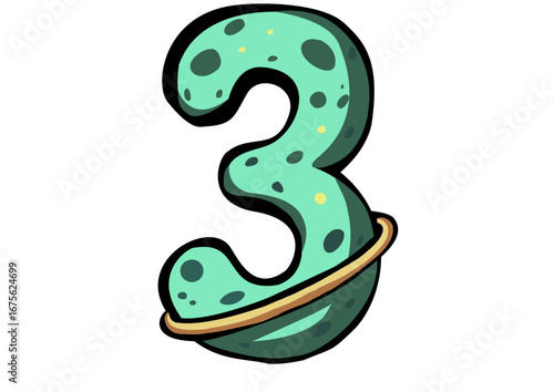 Cartoon number three designed with a green space-like texture, black spots, and a golden ring resembling Saturn’s orbit.