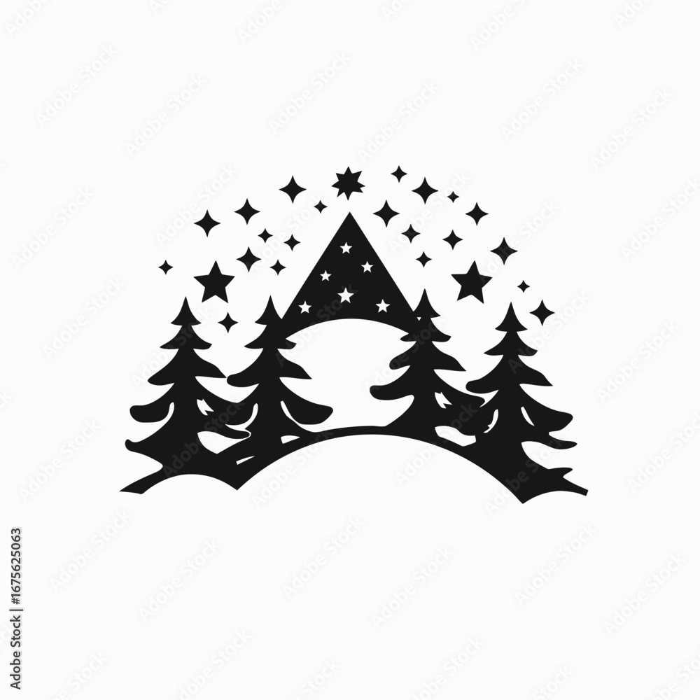 Obraz premium Winter forest and magical stars Christmas holiday season black silhouette