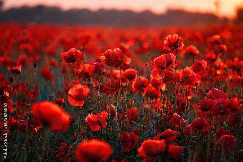 Obraz premium Vibrant field of red poppies illuminated by the warm glow of sunset over a sprawling landscape