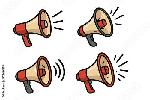 Various Illustrations of Megaphones in Different Styles and Expressions Conveying Sound, Communication, Announcement, and Public Speaking Dynamics in Vector Cartoon Style