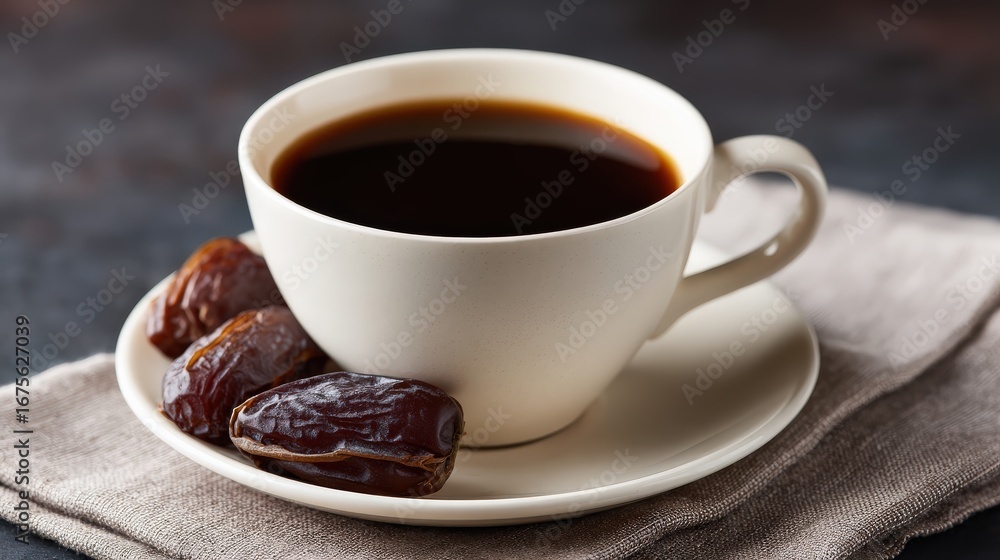 Fototapeta premium A cup of black coffee served with dates on a saucer, creating a warm and inviting atmosphere.