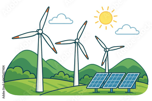 Renewable energy concept with wind turbines and solar panels generating clean power on a sunny day in a green landscape, sustainable environment vector cartoon illustration