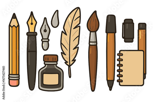 Writing tools and literary artifacts collection, classic and modern creative expression elements with pencil, ink bottle, feather quill, brush, pen, and notebook, vector cartoon illustration