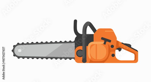 An orange and black chainsaw with a long silver blade, depicted in a side view against a white background.