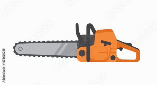 An orange and black chainsaw with a long guide bar and chain, isolated on a white background.