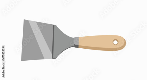 A detailed illustration of a metal putty knife with a light brown wooden handle, isolated on a white background.