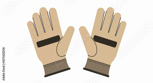 A pair of tan work gloves with black accents on the palms, presented against a white background.